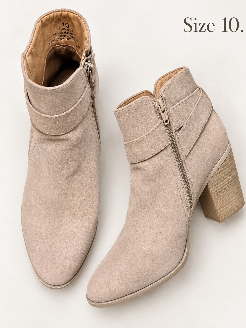Women’s Taupe Suede Ankle Booties Size 10 Block Heel Side Zip Buckle